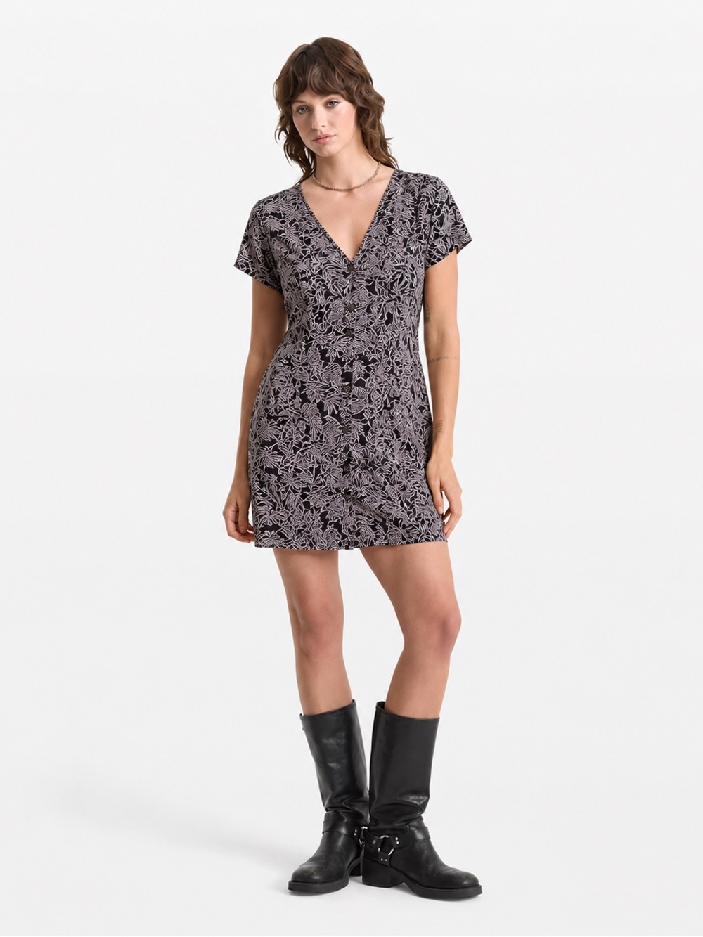 Volcom NWT Be My Frond Dress Black White Tropical Button Front Cotton Mini Xs - Picture 4 of 10